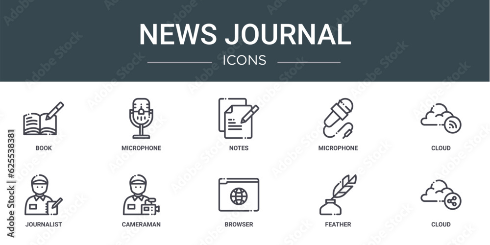 set of 10 outline web news journal icons such as book, microphone, notes, microphone, cloud, journalist, cameraman vector icons for report, presentation, diagram, web design, mobile app