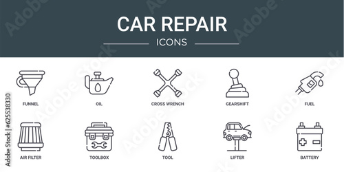 set of 10 outline web car repair icons such as funnel, oil, cross wrench, gearshift, fuel, air filter, toolbox vector icons for report, presentation, diagram, web design, mobile app