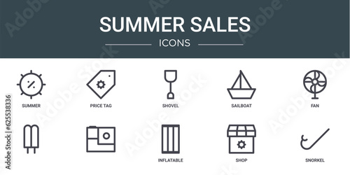 set of 10 outline web summer sales icons such as summer, price tag, shovel, sailboat, fan, , vector icons for report, presentation, diagram, web design, mobile