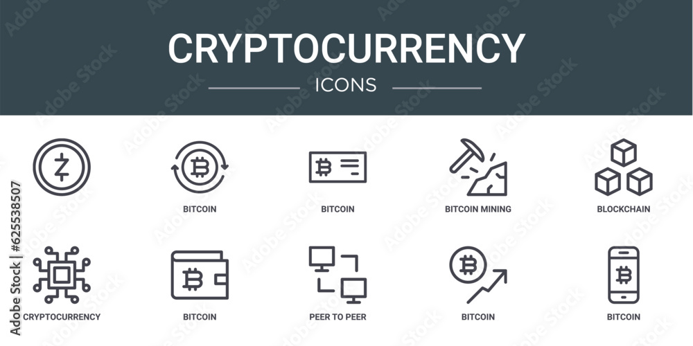 set of 10 outline web cryptocurrency icons such as , bitcoin, bitcoin, bitcoin mining, blockchain, cryptocurrency, vector icons for report, presentation, diagram, web design, mobile app
