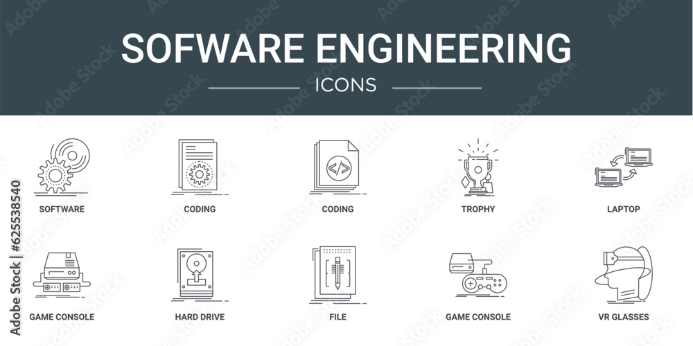 set of 10 outline web sofware engineering icons such as software, coding, coding, trophy, laptop, game console, hard drive vector icons for report, presentation, diagram, web design, mobile app set of 10 outline web sofware engineering icons such as software, coding, coding, trophy, laptop, game console, hard drive vector icons for report, presentation, diagram, web design, mobile app