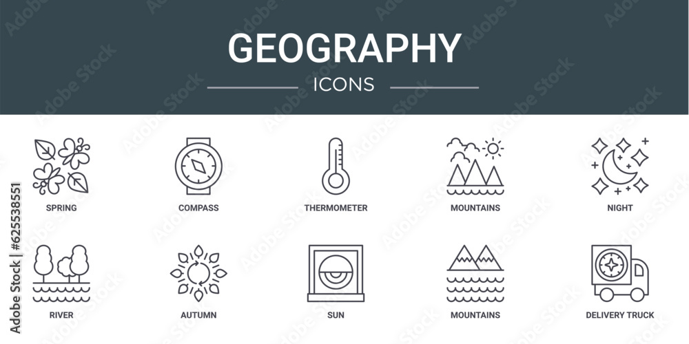 set of 10 outline web geography icons such as spring, compass, thermometer, mountains, night, river, autumn vector icons for report, presentation, diagram, web design, mobile app