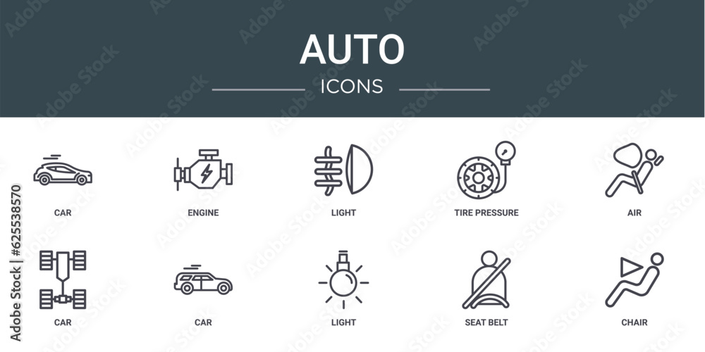 set of 10 outline web auto icons such as car, engine, light, tire pressure, air, car, car vector icons for report, presentation, diagram, web design, mobile app