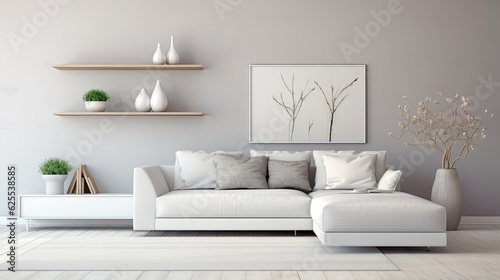 white living room interior with sofa