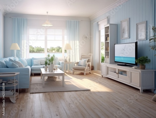 Living room coastal style with a TV  a large window to the floor  light blue and white furniture  and wood parquet flooring. Generative AI
