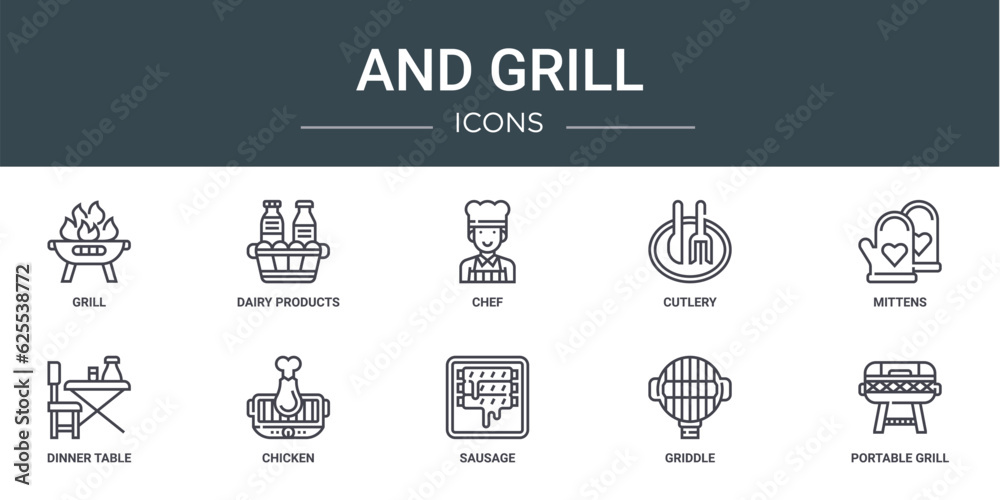set of 10 outline web and grill icons such as grill, dairy products, chef, cutlery, mittens, dinner table, chicken vector icons for report, presentation, diagram, web design, mobile app