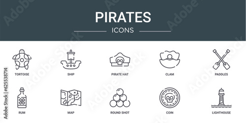 set of 10 outline web pirates icons such as tortoise, ship, pirate hat, clam, paddles, rum, map vector icons for report, presentation, diagram, web design, mobile app