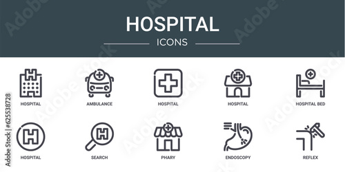 set of 10 outline web hospital icons such as hospital, ambulance, hospital, bed, search vector icons for report, presentation, diagram, web design, mobile app
