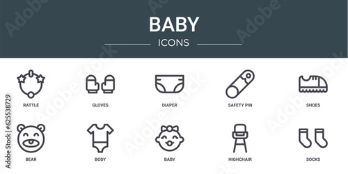 set of 10 outline web baby icons such as rattle, gloves, diaper, safety pin, shoes, bear, body vector icons for report, presentation, diagram, web design, mobile app