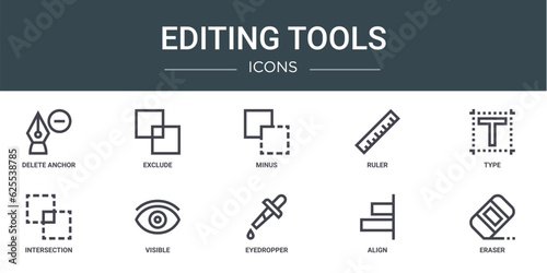 set of 10 outline web editing tools icons such as delete anchor, exclude, minus, ruler, type, intersection, visible vector icons for report, presentation, diagram, web design, mobile app