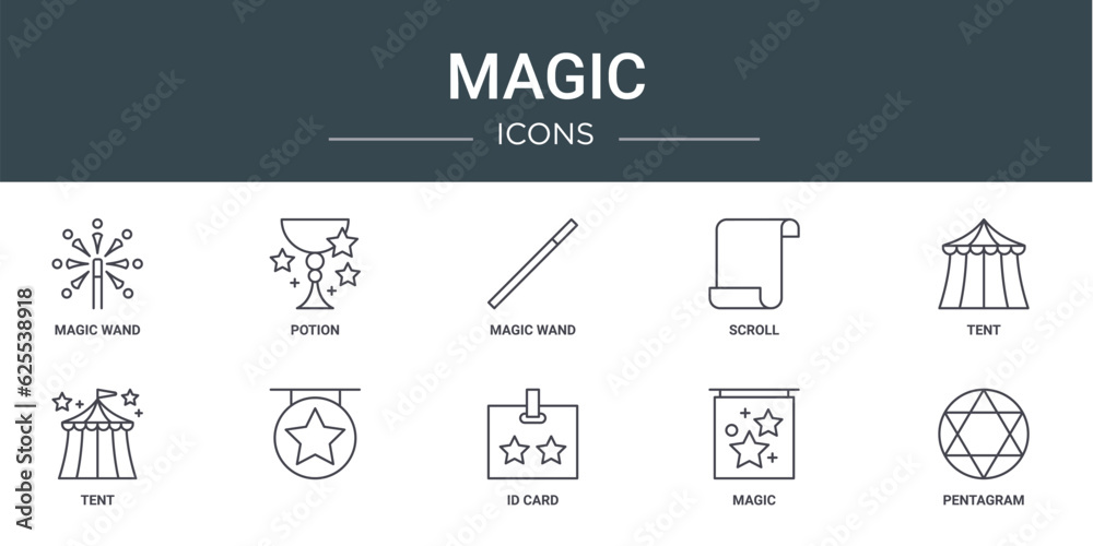 set of 10 outline web magic icons such as magic wand, potion, magic wand, scroll, tent, tent, vector icons for report, presentation, diagram, web design, mobile app