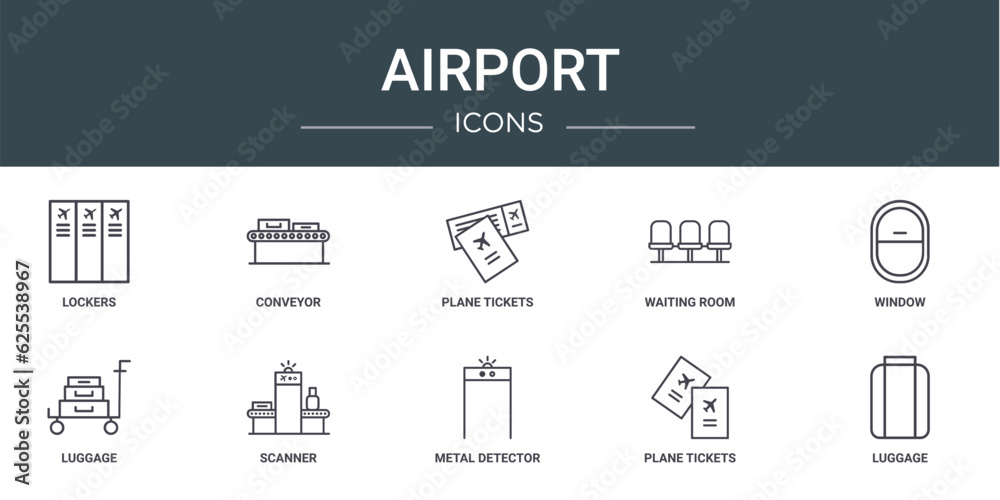 set of 10 outline web airport icons such as lockers, conveyor, plane tickets, waiting room, window, luggage, scanner vector icons for report, presentation, diagram, web design, mobile app