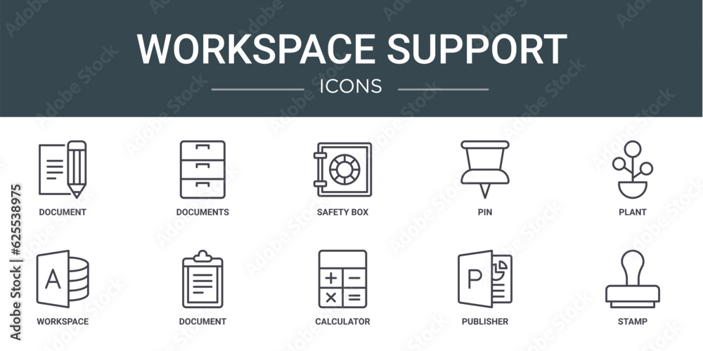 set of 10 outline web workspace support icons such as document, documents, safety box, pin, plant, workspace, document vector icons for report, presentation, diagram, web design, mobile app set of 10 outline web workspace support icons such as document, documents, safety box, pin, plant, workspace, document vector icons for report, presentation, diagram, web design, mobile app
