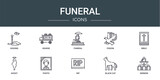 set of 10 outline web funeral icons such as digging, hearse, funeral, pigeon, bible, ghost, photo vector icons for report, presentation, diagram, web design, mobile app