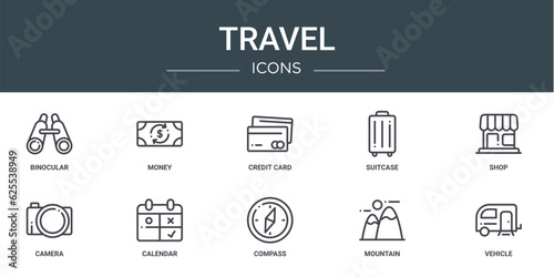 set of 10 outline web travel icons such as binocular, money, credit card, suitcase, shop, camera, calendar vector icons for report, presentation, diagram, web design, mobile app