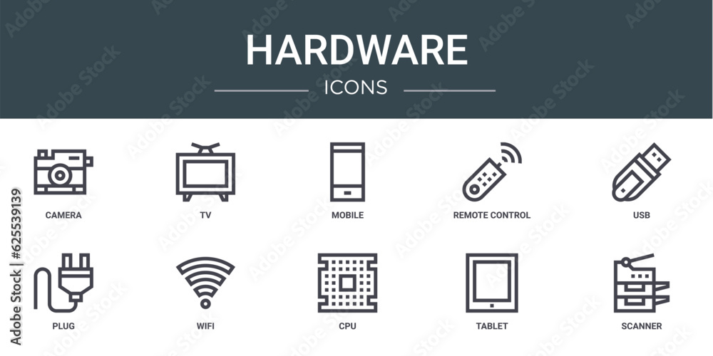 set of 10 outline web hardware icons such as camera, tv, mobile, remote control, usb, plug, wifi vector icons for report, presentation, diagram, web design, mobile app
