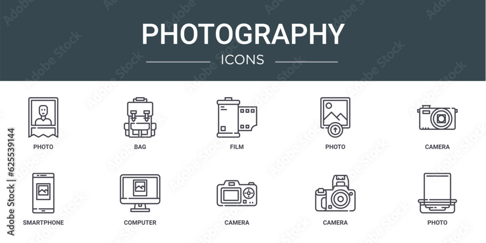 set of 10 outline web photography icons such as photo, bag, film, photo, camera, smartphone, computer vector icons for report, presentation, diagram, web design, mobile app