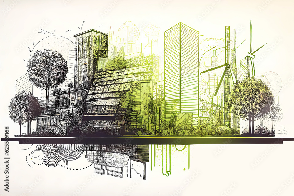 Hand drawn city sustainable engine. Generative ai design.