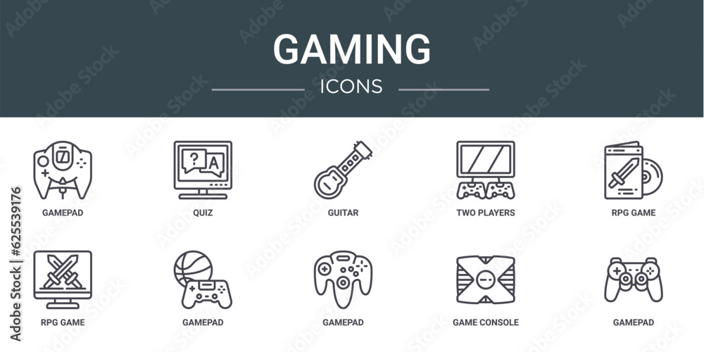 set of 10 outline web gaming icons such as gamepad, quiz, guitar, two players, rpg game, rpg game, gamepad vector icons for report, presentation, diagram, web design, mobile app