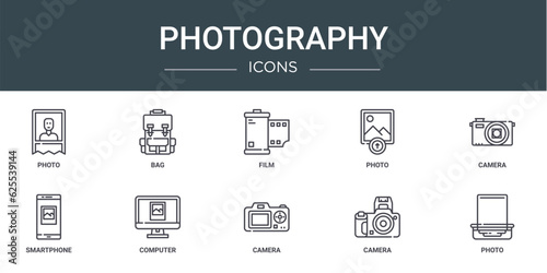 set of 10 outline web photography icons such as photo, bag, film, photo, camera, smartphone, computer vector icons for report, presentation, diagram, web design, mobile app