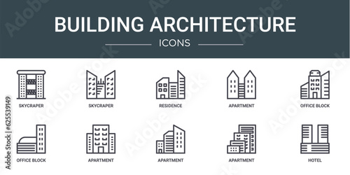 set of 10 outline web building architecture icons such as skycraper, skycraper, residence, apartment, office block, office block, apartment vector icons for report, presentation, diagram, web