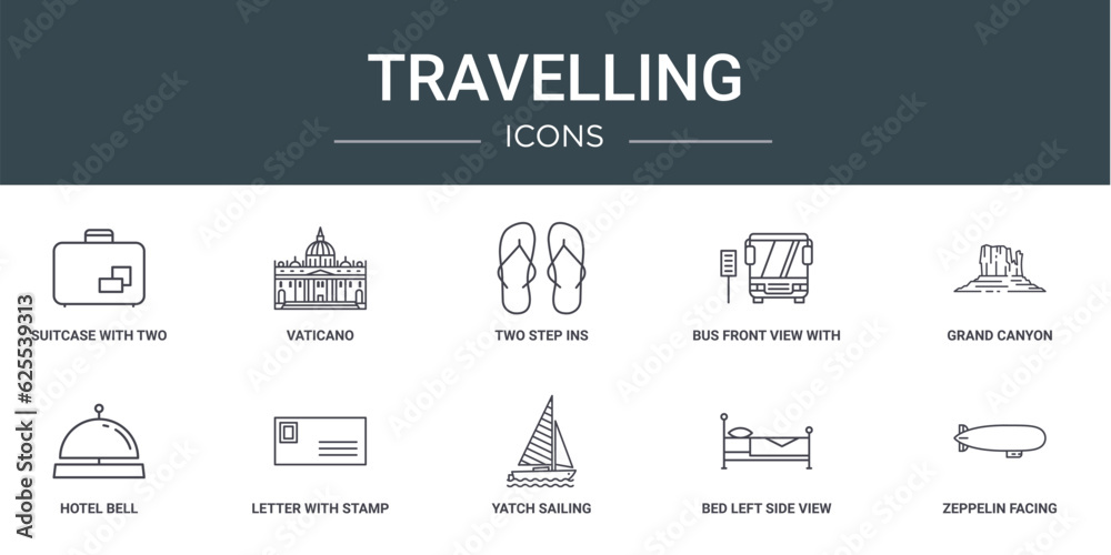 set of 10 outline web travelling icons such as suitcase with two stickers, vaticano, two step ins, bus front view with, grand canyon, hotel bell, letter with stamp vector icons for report,