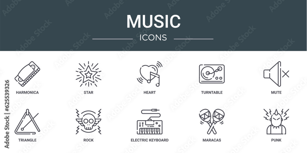 set of 10 outline web music icons such as harmonica, star, heart, turntable, mute, triangle, rock vector icons for report, presentation, diagram, web design, mobile app