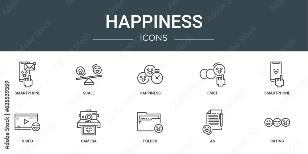 set of 10 outline web happiness icons such as smartphone, scale, happiness, emot, smartphone, video, camera vector icons for report, presentation, diagram, web design, mobile app