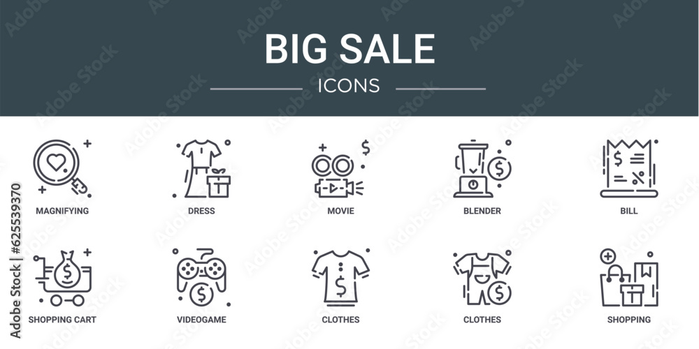 set of 10 outline web big sale icons such as magnifying, dress, movie, blender, bill, shopping cart, videogame vector icons for report, presentation, diagram, web design, mobile app