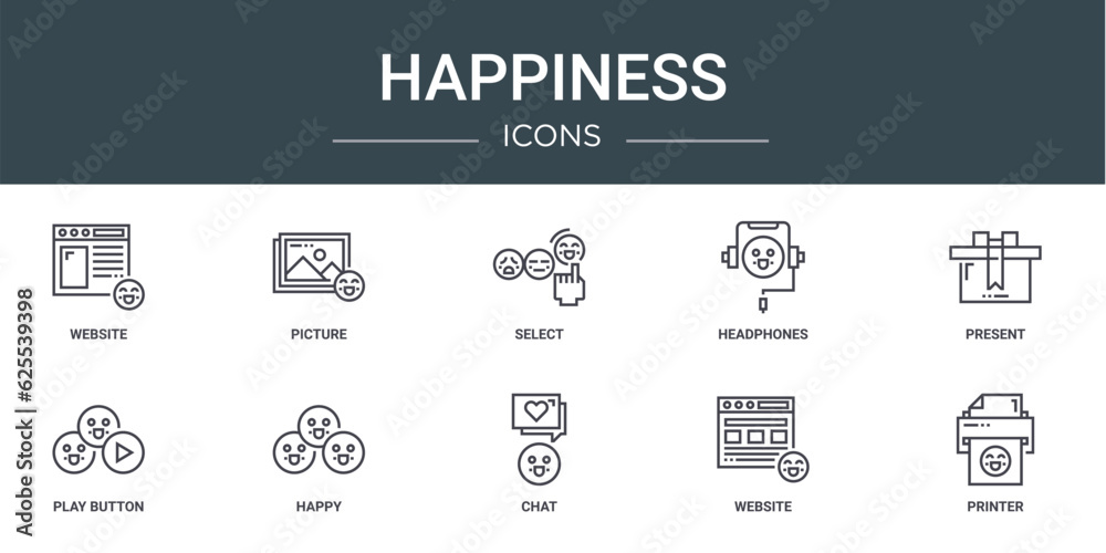 set of 10 outline web happiness icons such as website, picture, select, headphones, present, play button, happy vector icons for report, presentation, diagram, web design, mobile app