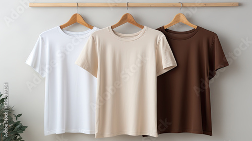 Tableau sur toile plain t-shirts of different colors hang on a hanger, store interior blur