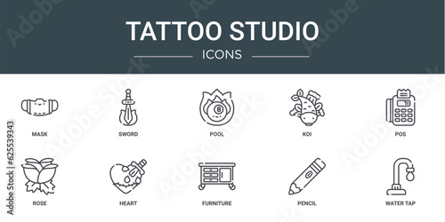 set of 10 outline web tattoo studio icons such as mask, sword, pool, koi, pos, rose, heart vector icons for report, presentation, diagram, web design, mobile app