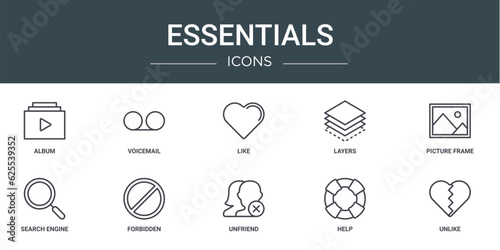 set of 10 outline web essentials icons such as album, voicemail, like, layers, picture frame, search engine, forbidden vector icons for report, presentation, diagram, web design, mobile app
