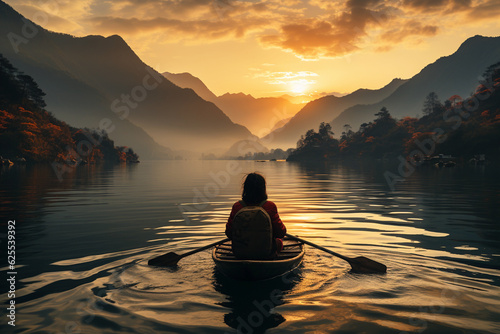 a woman travelling in a kayak in a lake at sunrise in mountains is a peaceful and serene scene that captures the beauty of nature. Generative AI © YARphotographer