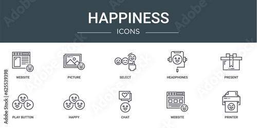 set of 10 outline web happiness icons such as website, picture, select, headphones, present, play button, happy vector icons for report, presentation, diagram, web design, mobile app