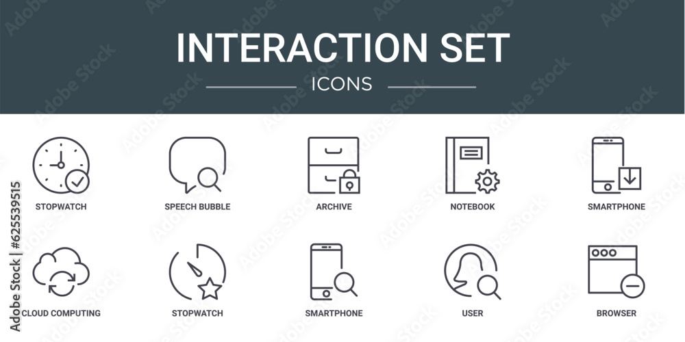 Fototapeta premium set of 10 outline web interaction set icons such as stopwatch, speech bubble, archive, notebook, smartphone, cloud computing, stopwatch vector icons for report, presentation, diagram, web design,