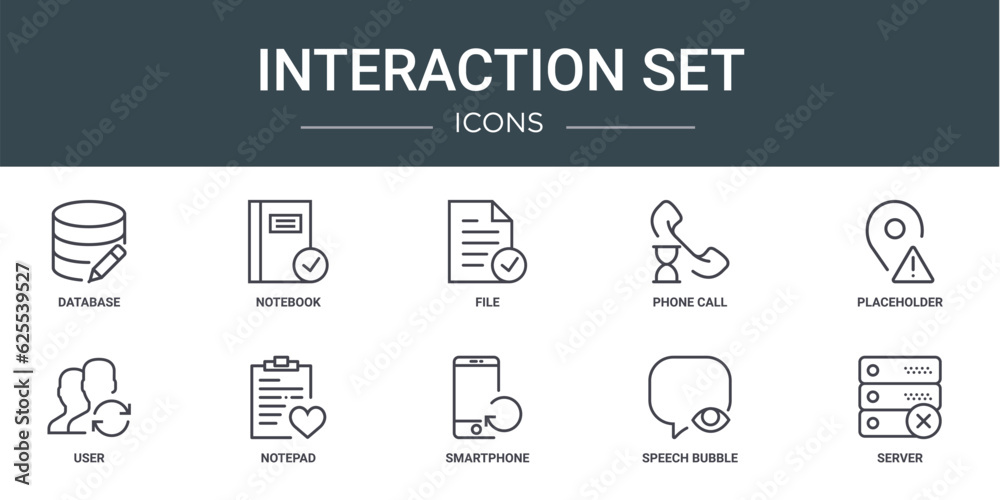 set of 10 outline web interaction set icons such as database, notebook, file, phone call, placeholder, user, notepad vector icons for report, presentation, diagram, web design, mobile app