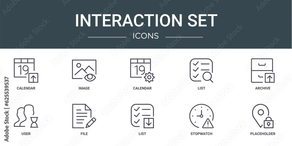set of 10 outline web interaction set icons such as calendar, image, calendar, list, archive, user, file vector icons for report, presentation, diagram, web design, mobile app