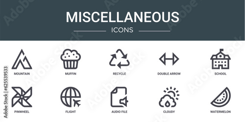 set of 10 outline web miscellaneous icons such as mountain, muffin, recycle, double arrow, school, pinwheel, flight vector icons for report, presentation, diagram, web design, mobile app