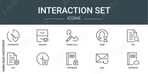 set of 10 outline web interaction set icons such as stopwatch, archive, phone call, user, file, file, vector icons for report, presentation, diagram, web design, mobile app