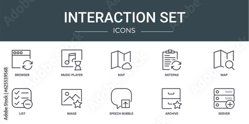 set of 10 outline web interaction set icons such as browser, music player, map, notepad, map, list, image vector icons for report, presentation, diagram, web design, mobile app © MacroOne