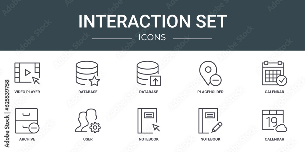 set of 10 outline web interaction set icons such as video player, database, database, placeholder, calendar, archive, user vector icons for report, presentation, diagram, web design, mobile app