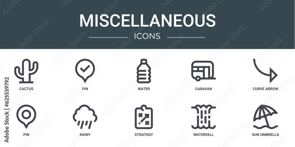 set of 10 outline web miscellaneous icons such as cactus, pin, water, caravan, curve arrow, pin, rainy vector icons for report, presentation, diagram, web design, mobile app