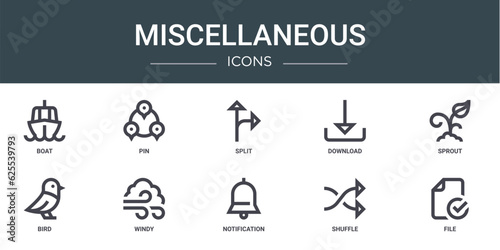 set of 10 outline web miscellaneous icons such as boat, pin, split, download, sprout, bird, windy vector icons for report, presentation, diagram, web design, mobile app © MacroOne