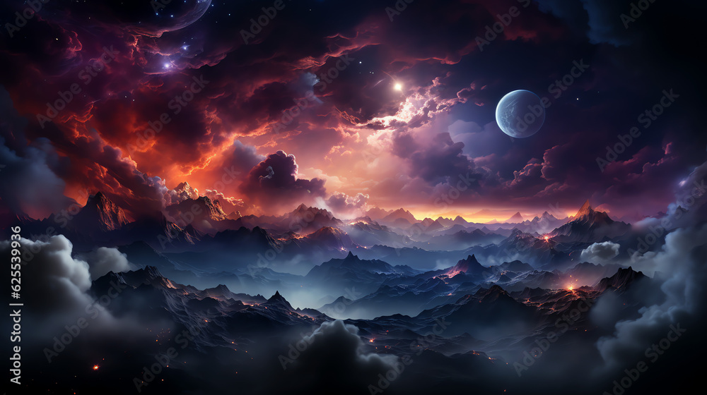 Mountains with clouds in the background, in the style of dark matter art, redshift, mystical terrains, atmospheric landscape paintings, dreamlike illustration - Generative AI