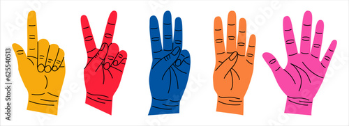 Set of colorful hands with different gestures. Hands show one, two, three, four, five. Hand drawn vector illustration isolated on white background. Modern trendy flat cartoon style.