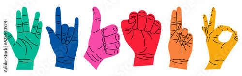 Set of colorful hands with different gestures. Modern trendy flat cartoon style. Hand drawn vector illustration. Hands show rock, ok, like, go.