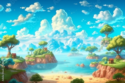 Cartoon landscape with sea, island and sky - illustration for children generative ai