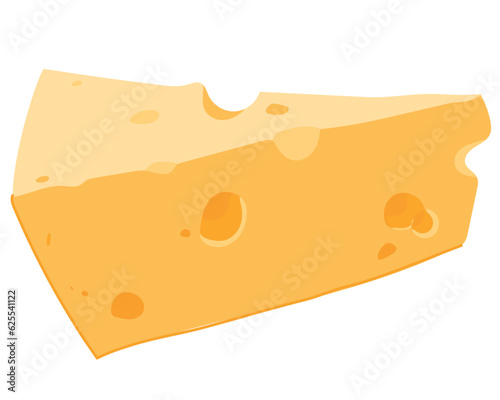 Cheese with big holes. Vector illustration isolated on white background. Triangular piece of dairy product. Porous Dutch cheese Maasdam in flat style.