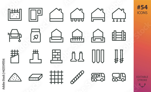 House foundation isolated icons set. Set of formwork, concrete piles, iron screw pile, monolithic strip foundation, reinforced concrete plate, cement, steel rebar, slab, cement bulk truck vector icon